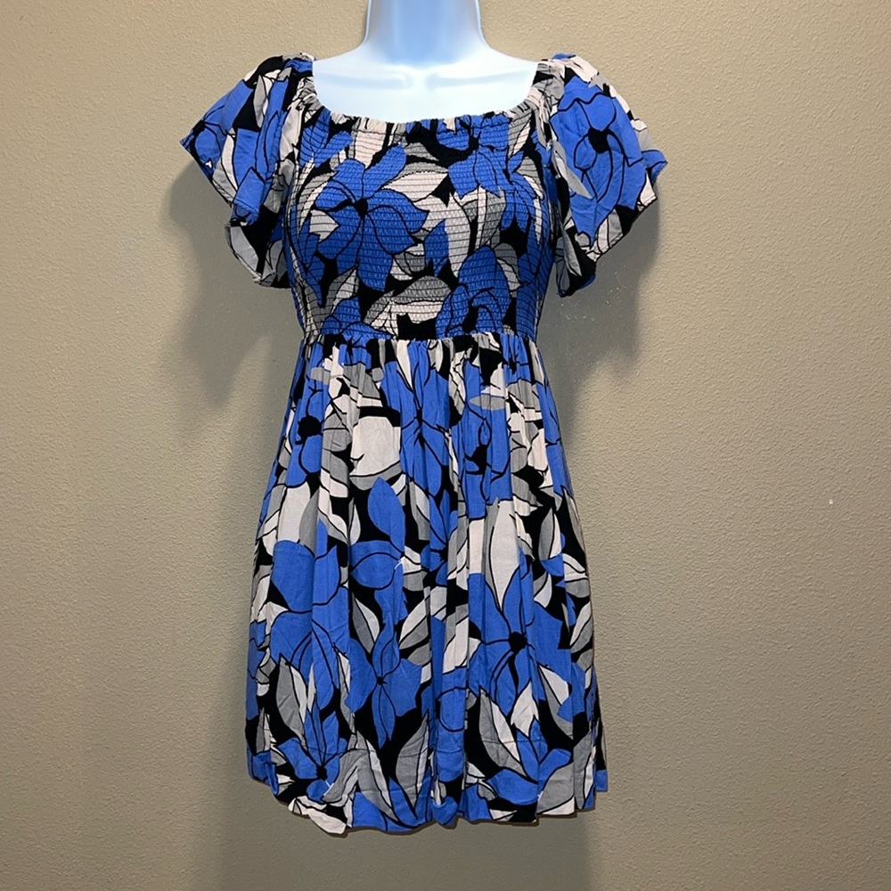 Free People Women’s Blue & Black Smocked Bodice Ruffled Sleeve Mini Dress SZ S